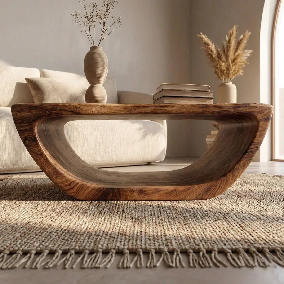 Long Sculptural Hollow Coffee Table in Organic Modern Natural Solid Wood - Rustirawood