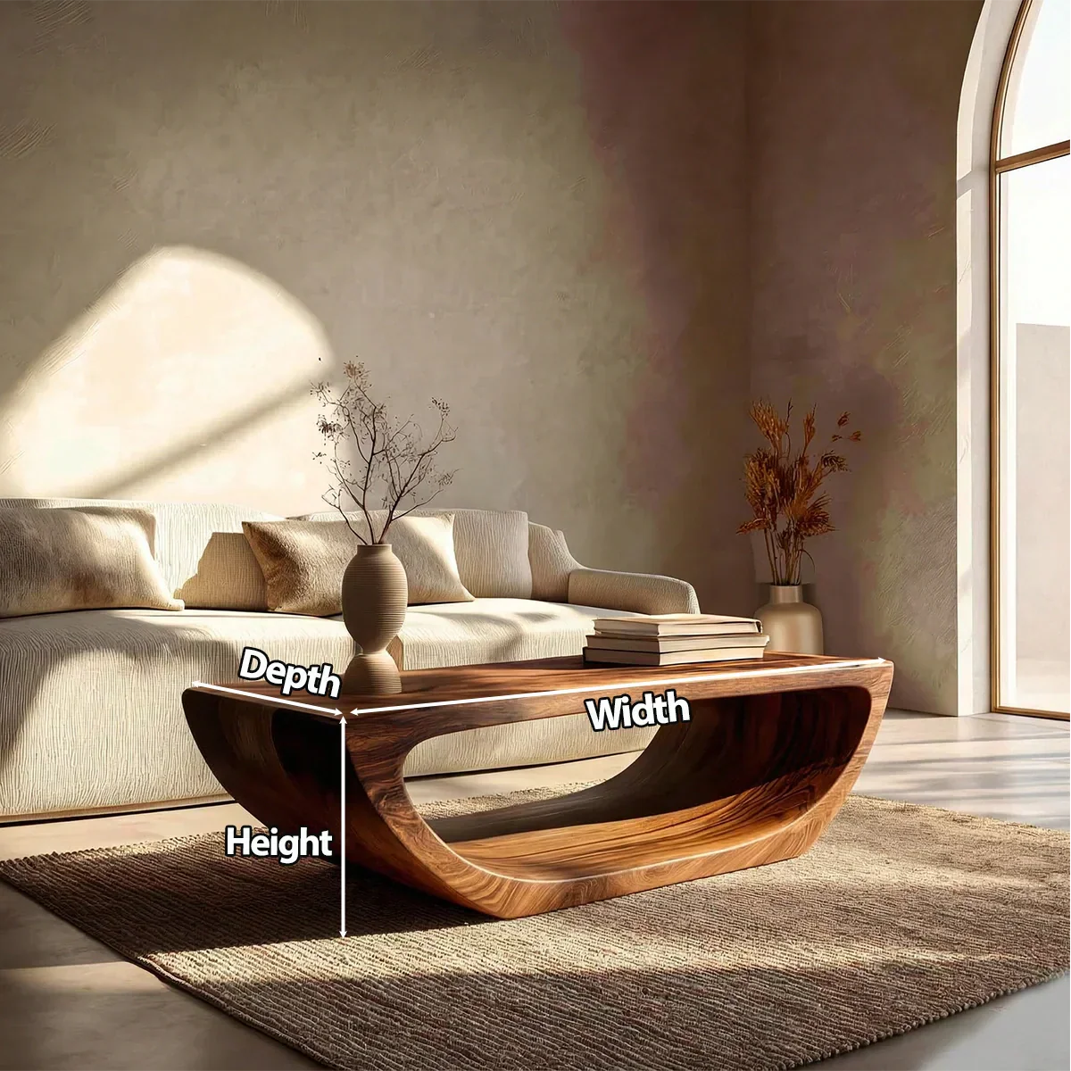 Long Sculptural Hollow Coffee Table in Organic Modern Natural Solid Wood - Rustirawood