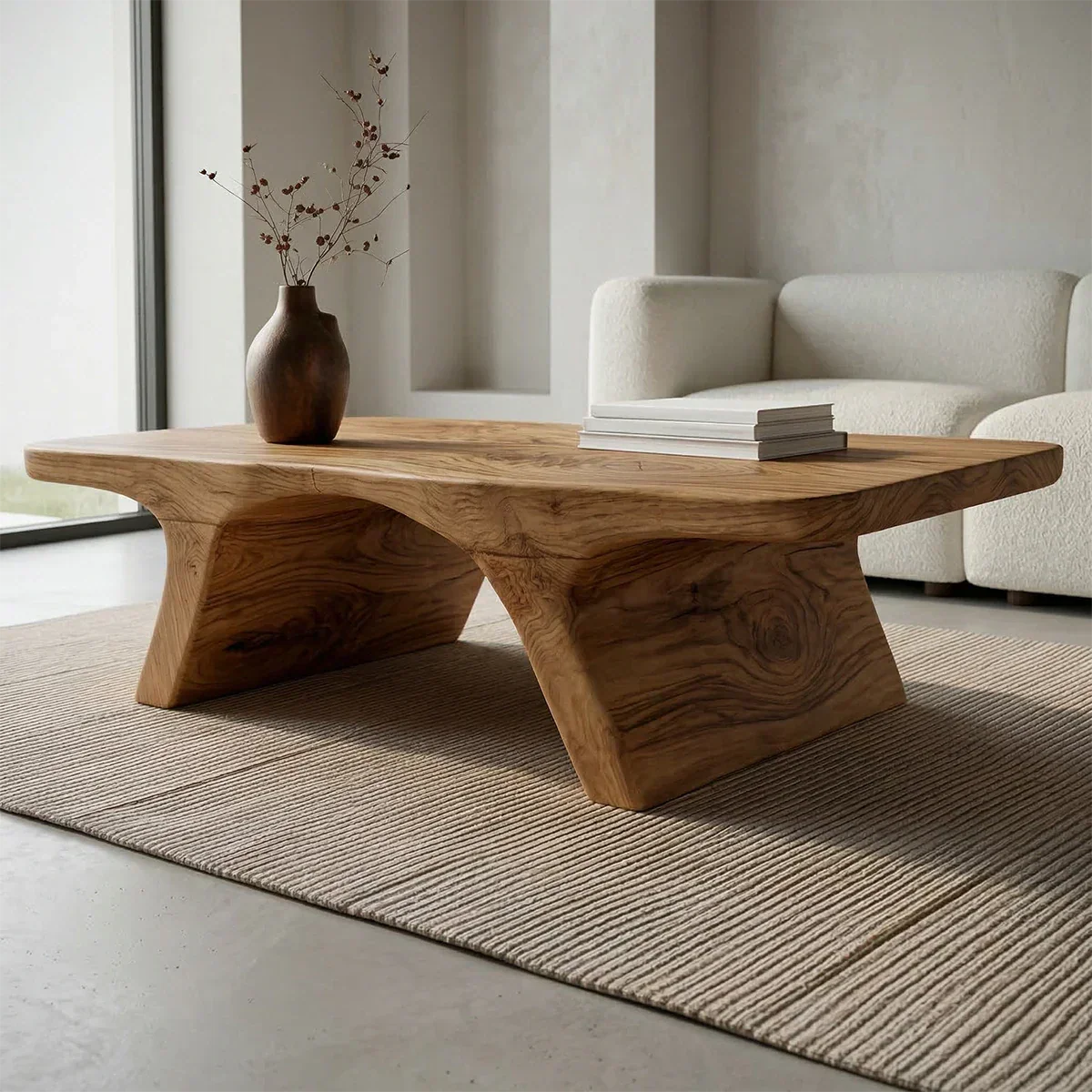 Low Profile Natural Solid Wood Coffee Table with Sculptural Base - Rustirawood