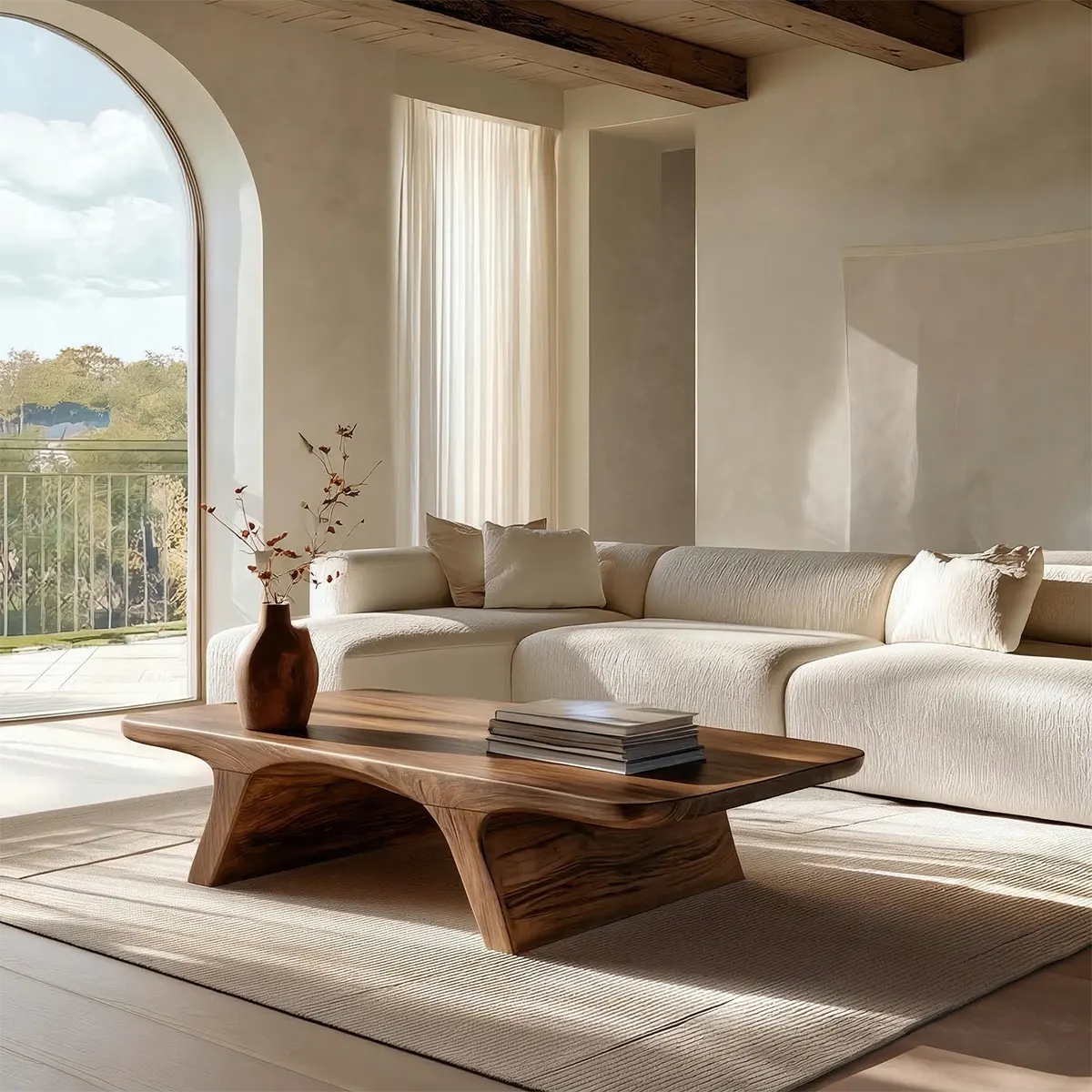 Low Profile Natural Solid Wood Coffee Table with Sculptural Base - Rustirawood