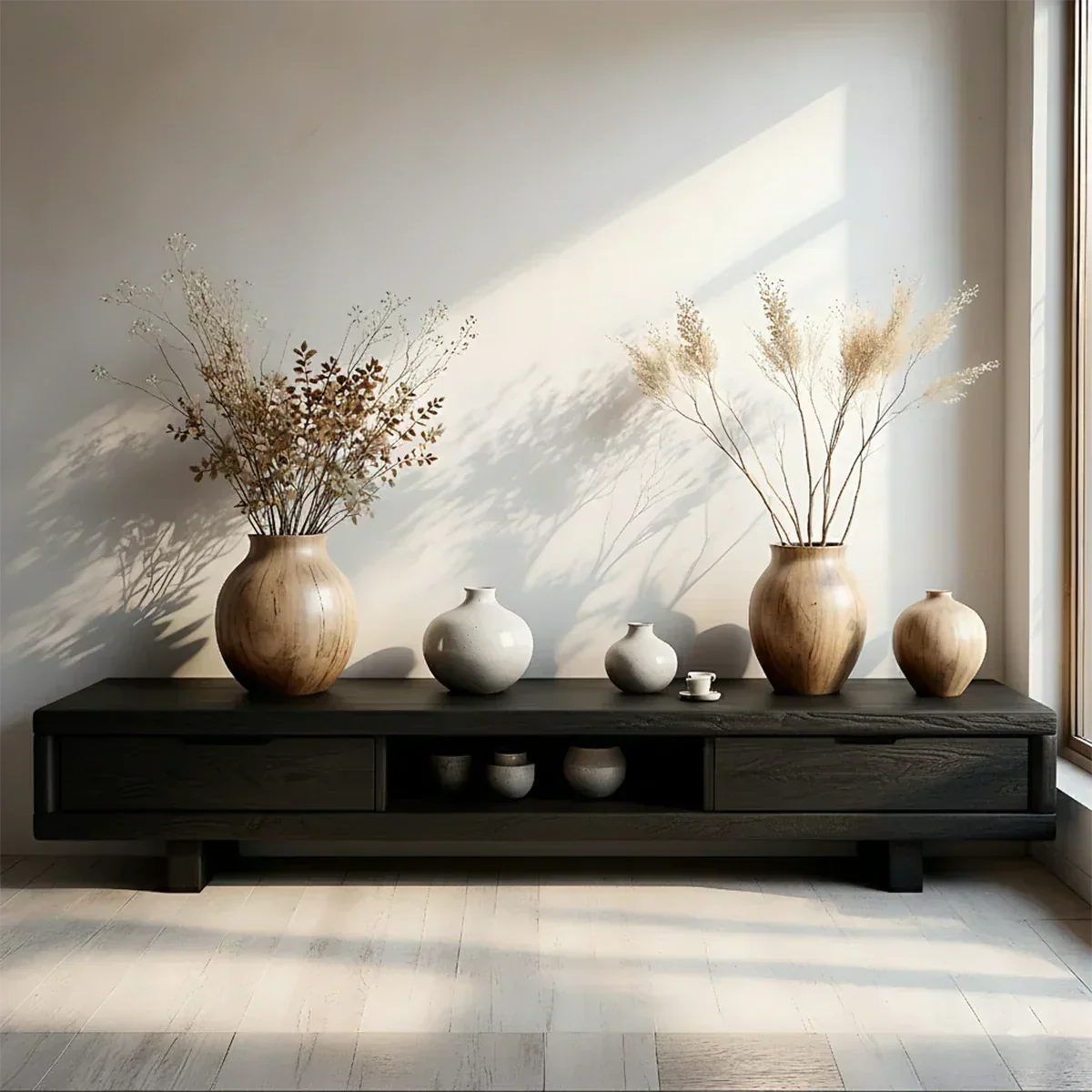 Low Solid Wood Japandi TV Stand – Minimal Zen Media Console - Rustirawood