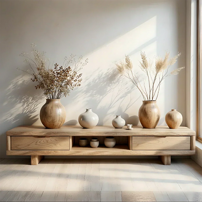 Low Solid Wood Japandi TV Stand – Minimal Zen Media Console - Rustirawood