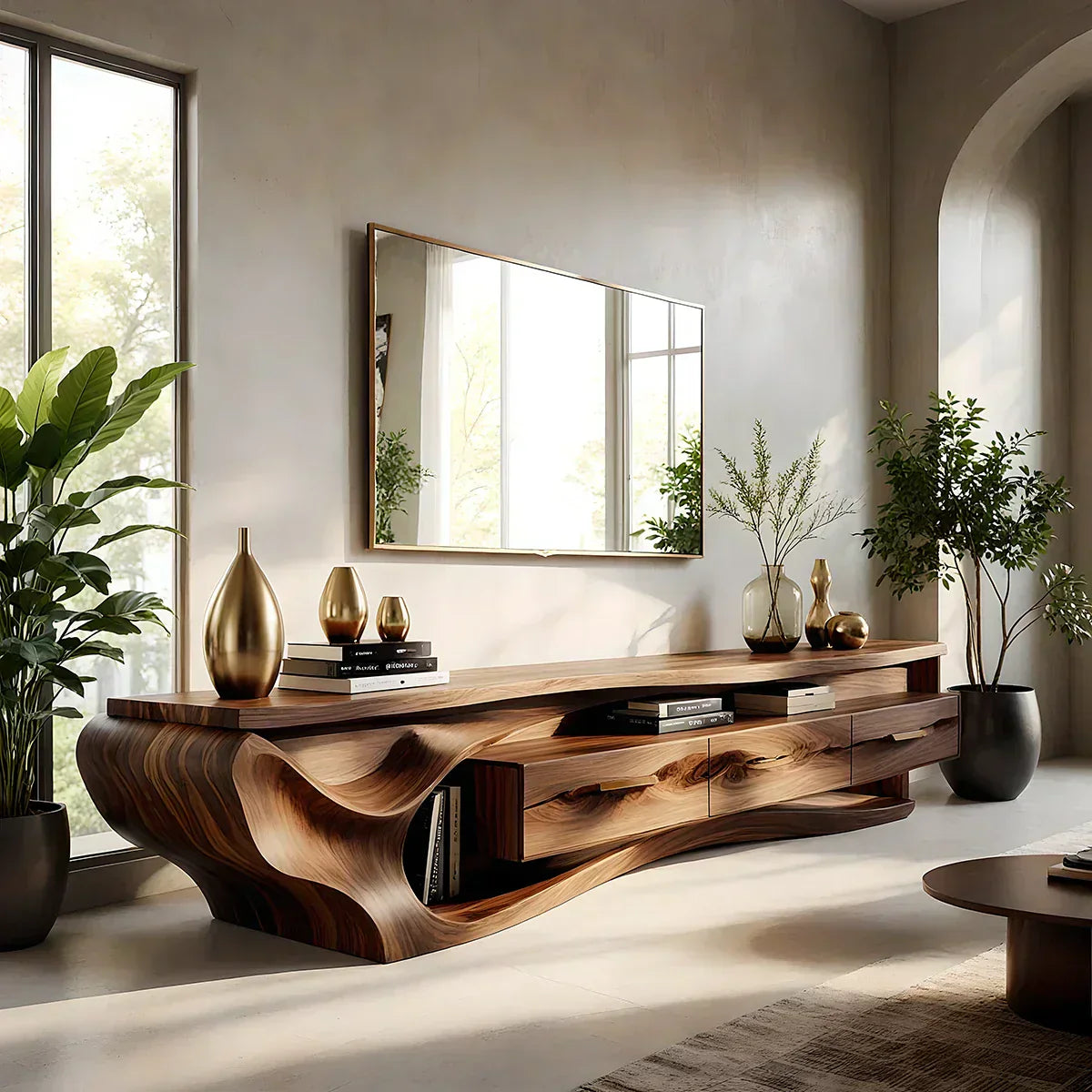Luxury Wave-Carved Solid Wood TV Stand - Organic Modern Media Console - Rustirawood
