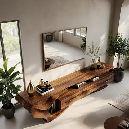 Luxury Wave-Carved Solid Wood TV Stand - Organic Modern Media Console - Rustirawood
