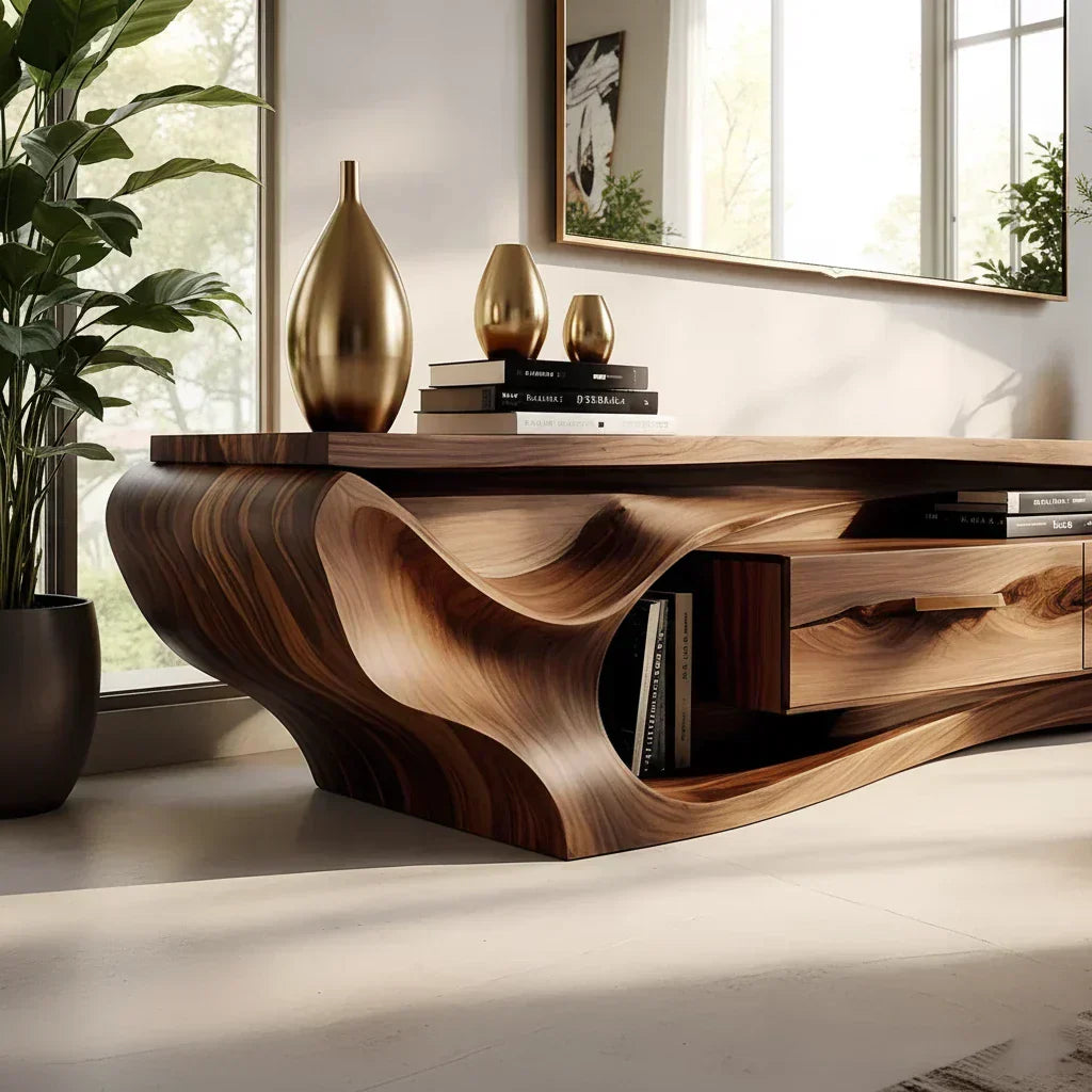 Luxury Wave-Carved Solid Wood TV Stand - Organic Modern Media Console - Rustirawood