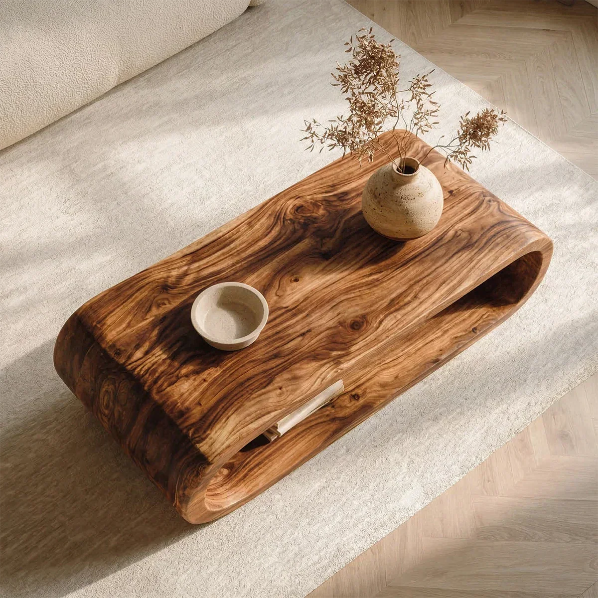 Minimalist Loop Form Natural Solid Wood Coffee Table with Open Base - Rustirawood