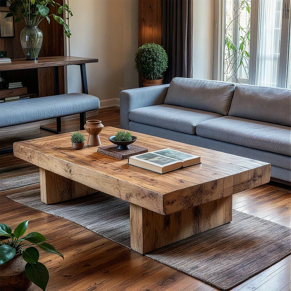 Minimalist Solid Wood Coffee Table – Natural Solid Wood Block Coffee Table - Rustirawood