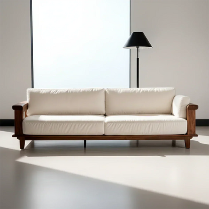 Modern Cotton Sofa with Solid Wood Arm Details - Rustirawood