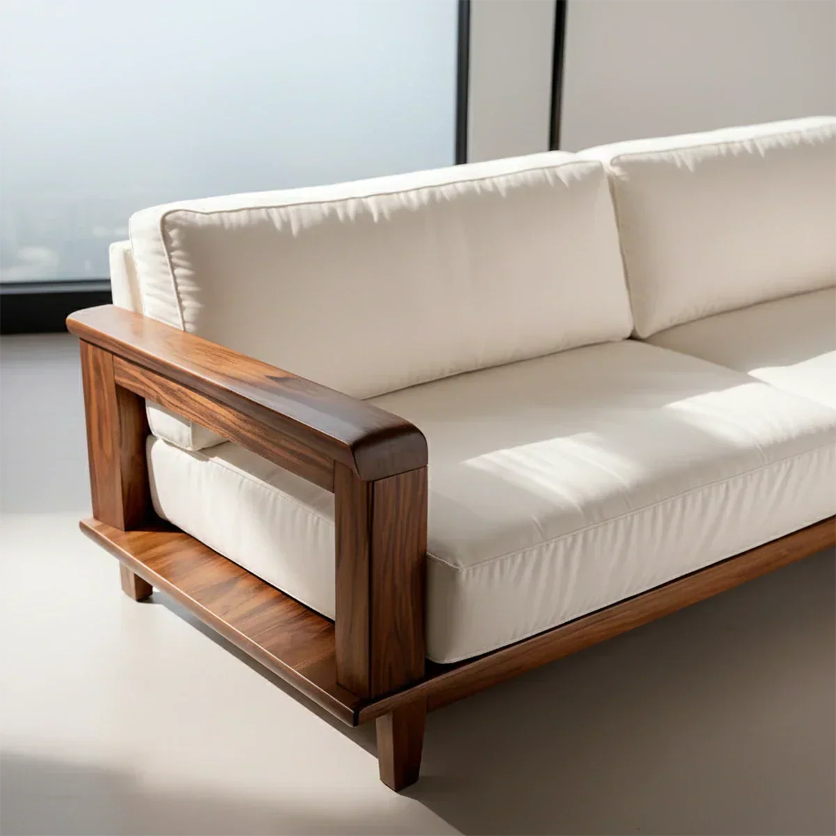 Modern Cotton Sofa with Solid Wood Arm Details - Rustirawood