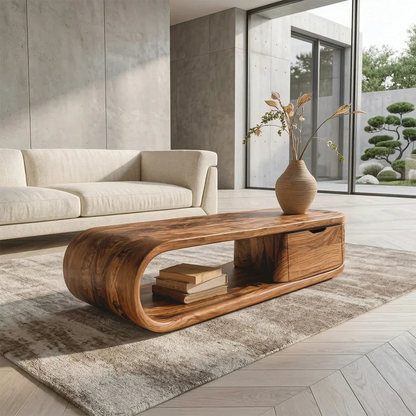 Modern Curved Natural Solid Wood Coffee Table with Drawer Storage - Rustirawood