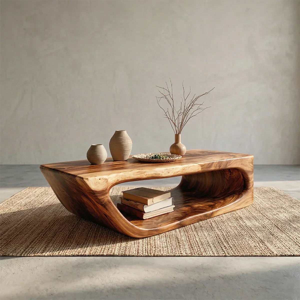 Modern Hollow Form Natural Solid Wood Coffee Table with Open Shelf - Rustirawood
