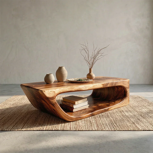 Modern Hollow Form Natural Solid Wood Coffee Table with Open Shelf - Rustirawood
