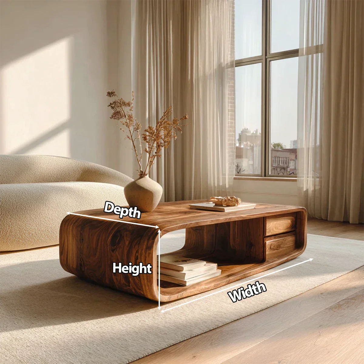 Modern Natural Solid Wood Coffee Table with Drawer and Open Shelf - Rustirawood