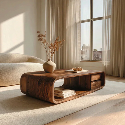 Modern Natural Solid Wood Coffee Table with Drawer and Open Shelf - Rustirawood