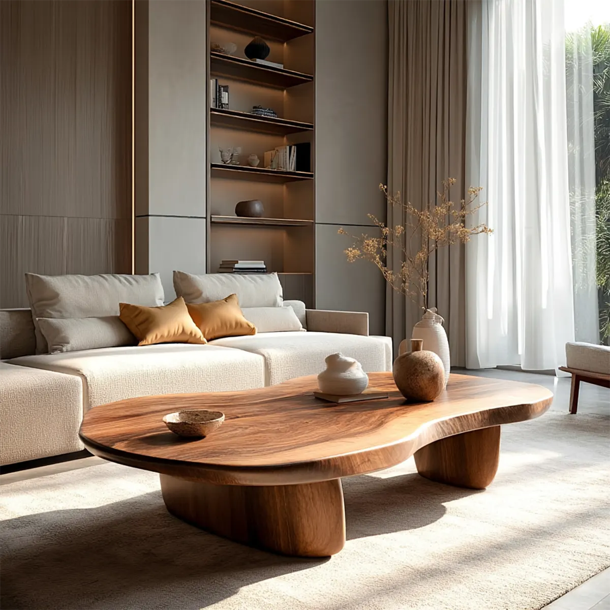 Modern Organic Natural Solid Wood Coffee Table with Rounded Base - Rustirawood