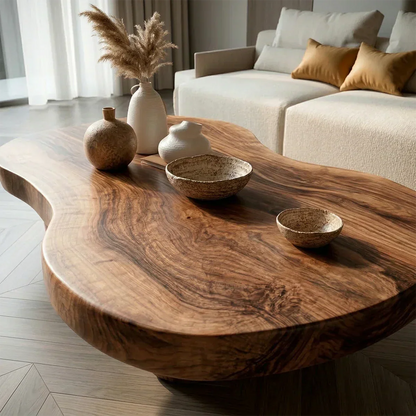 Modern Organic Natural Solid Wood Coffee Table with Rounded Base - Rustirawood