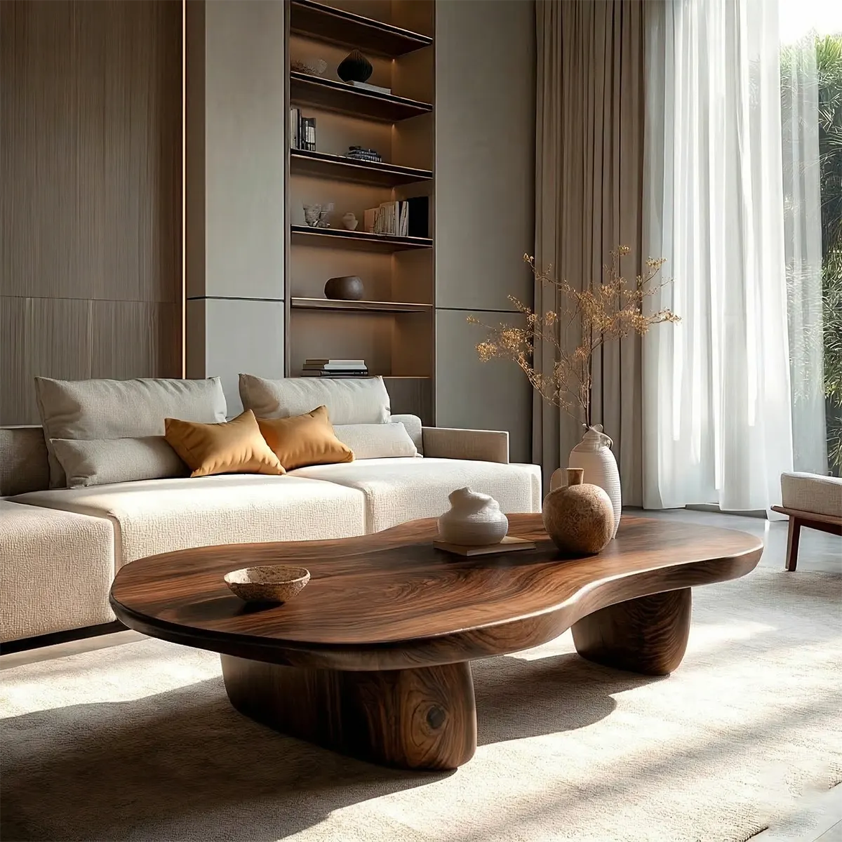 Modern Organic Natural Solid Wood Coffee Table with Rounded Base - Rustirawood