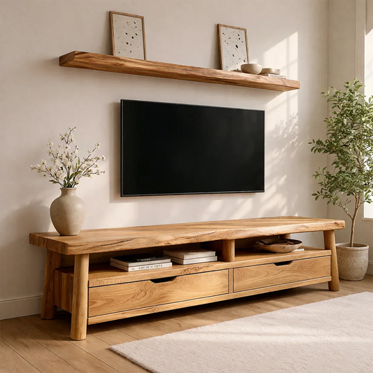 Modern Solid Wood TV Stand with Drawers and Open Shelf Storage - Rustirawood