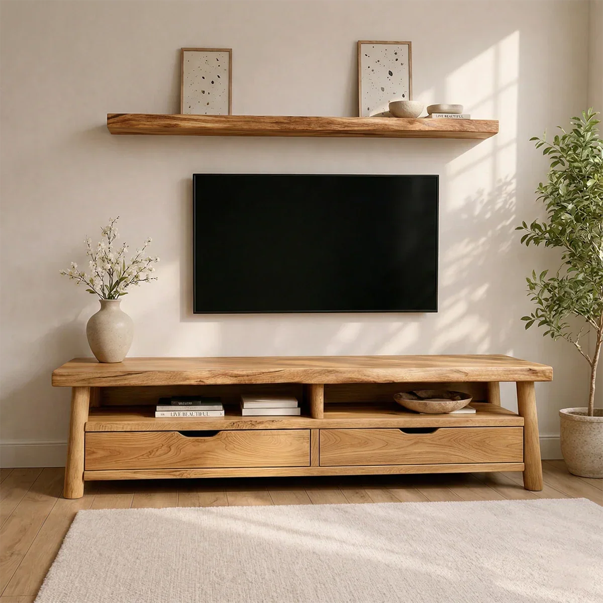 Modern Solid Wood TV Stand with Drawers and Open Shelf Storage - Rustirawood