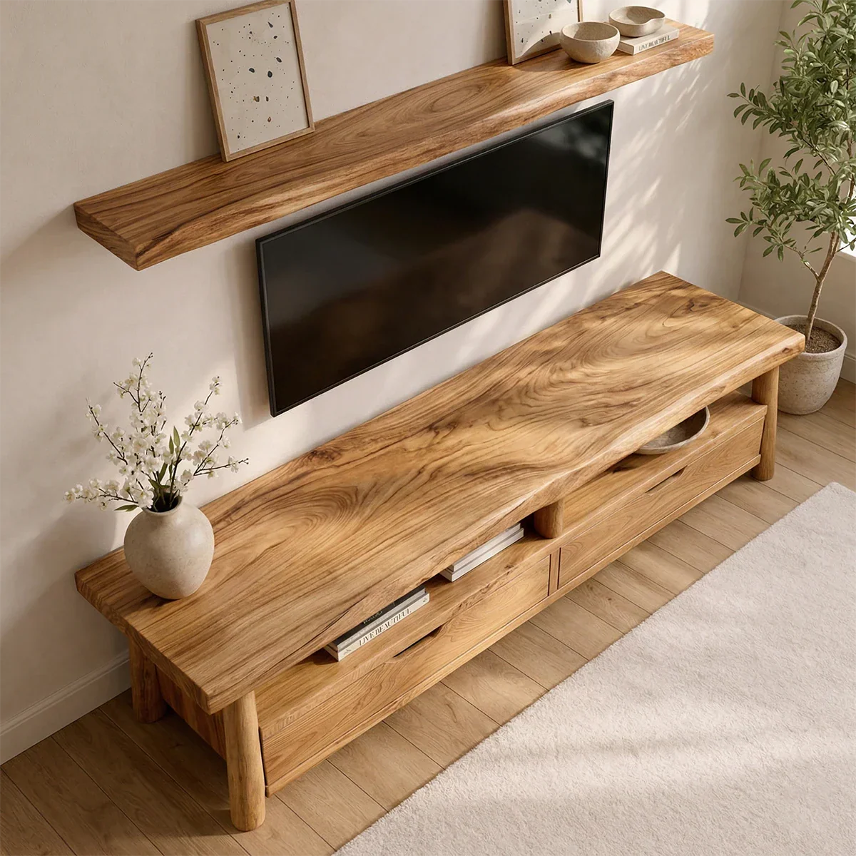 Modern Solid Wood TV Stand with Drawers and Open Shelf Storage - Rustirawood