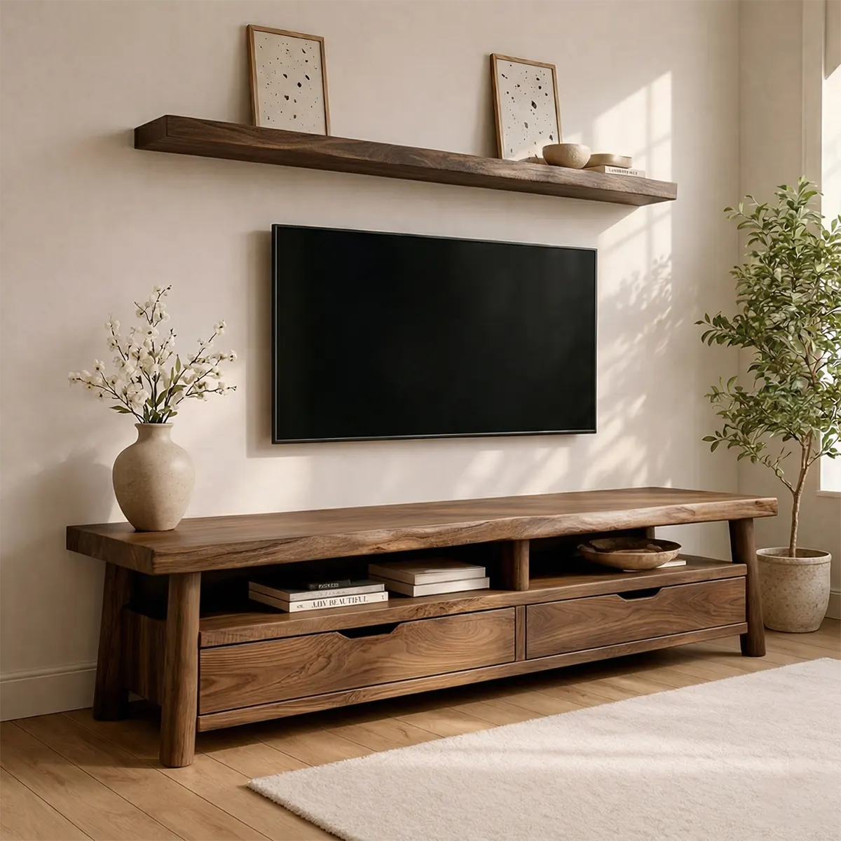 Modern Solid Wood TV Stand with Drawers and Open Shelf Storage - Rustirawood