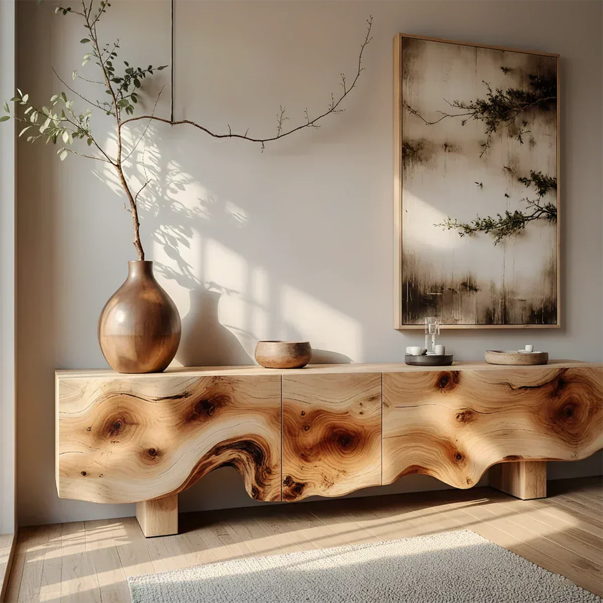 Natural Burl Flow Solid Wood TV Console – Wabi Sabi Organic Design - Rustirawood