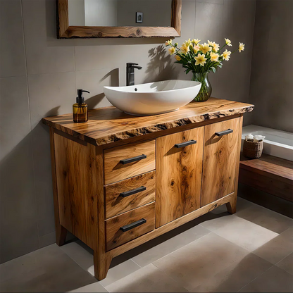Natural Solid Wood Bathroom Vanity – Rustic Natural Edge Style - Rustirawood