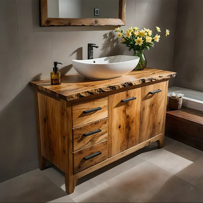 Natural Solid Wood Bathroom Vanity – Rustic Natural Edge Style - Rustirawood