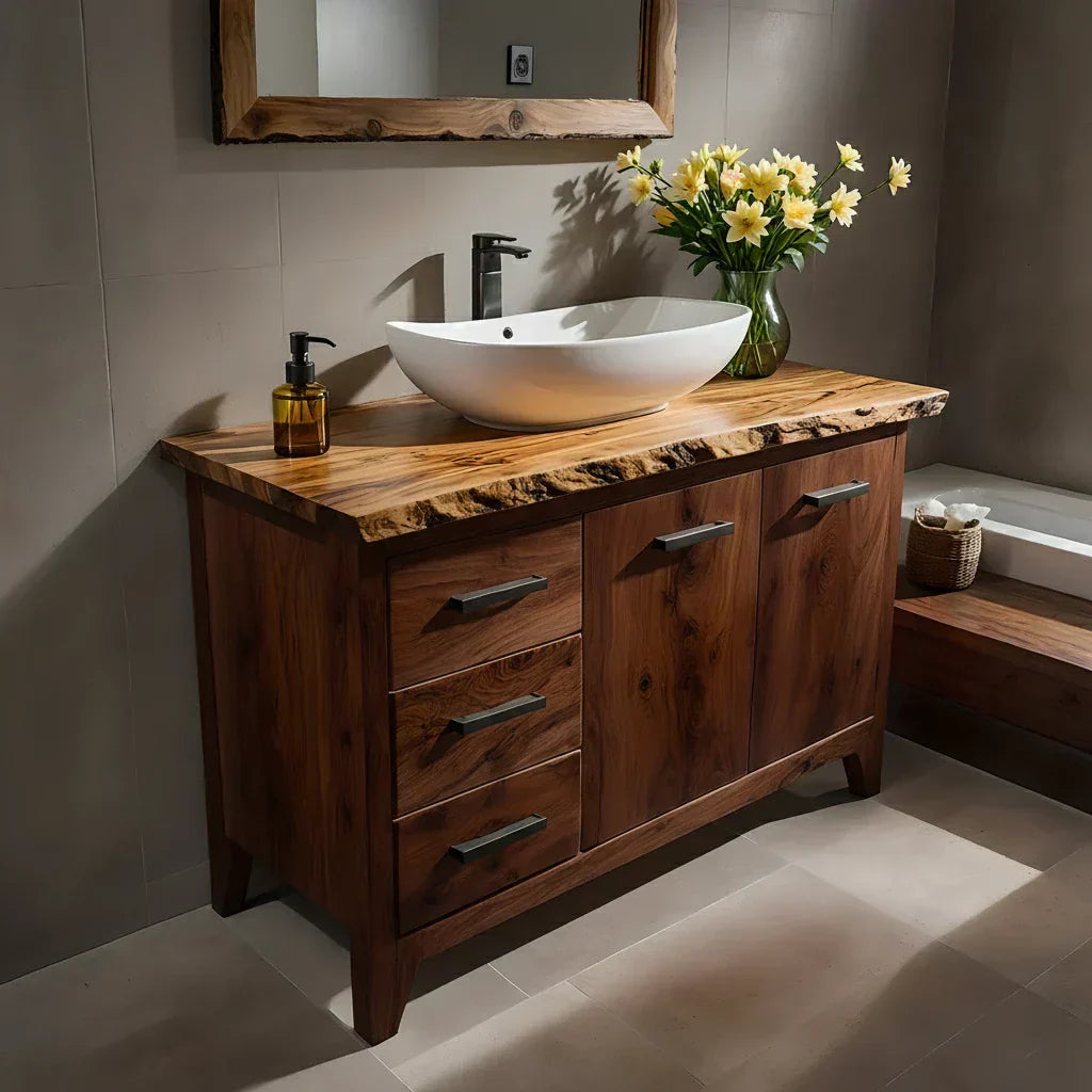 Natural Solid Wood Bathroom Vanity – Rustic Natural Edge Style - Rustirawood