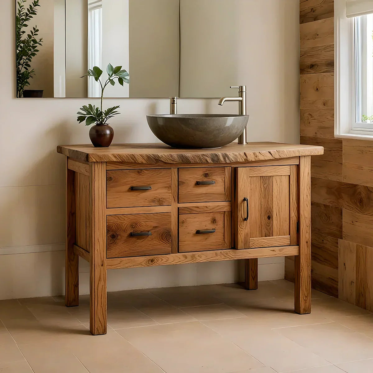 Natural Solid Wood Bathroom Vanity with Drawers & Cabinet — Handcrafted Wabi Sabi Design - Rustirawood
