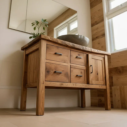 Natural Solid Wood Bathroom Vanity with Drawers & Cabinet — Handcrafted Wabi Sabi Design - Rustirawood
