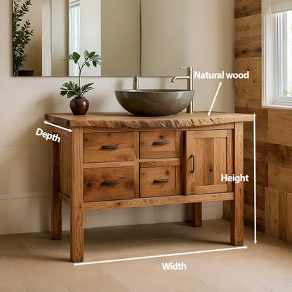 Natural Solid Wood Bathroom Vanity with Drawers & Cabinet — Handcrafted Wabi Sabi Design - Rustirawood