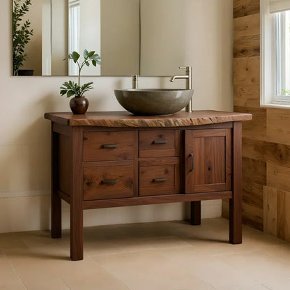 Natural Solid Wood Bathroom Vanity with Drawers & Cabinet — Handcrafted Wabi Sabi Design - Rustirawood