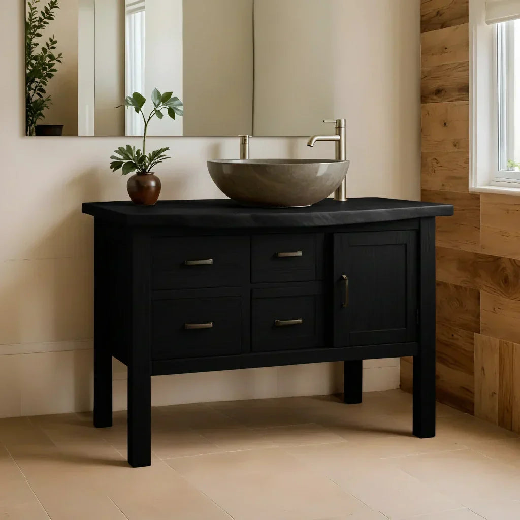Natural Solid Wood Bathroom Vanity with Drawers & Cabinet — Handcrafted Wabi Sabi Design - Rustirawood
