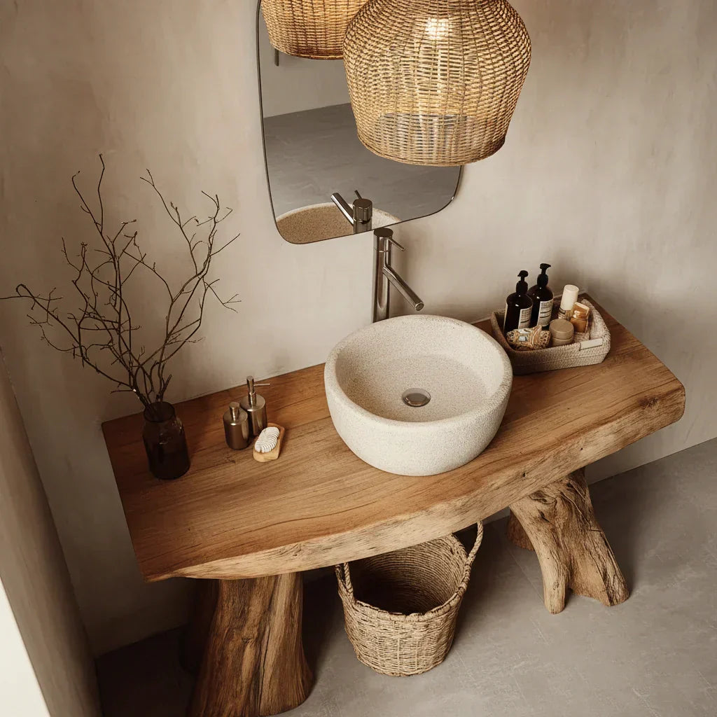 Natural Solid Wood Bathroom Vanity with Sculpted Root Base - Rustirawood