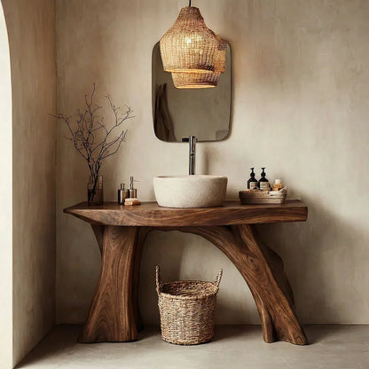Natural Solid Wood Bathroom Vanity with Sculpted Root Base - Rustirawood