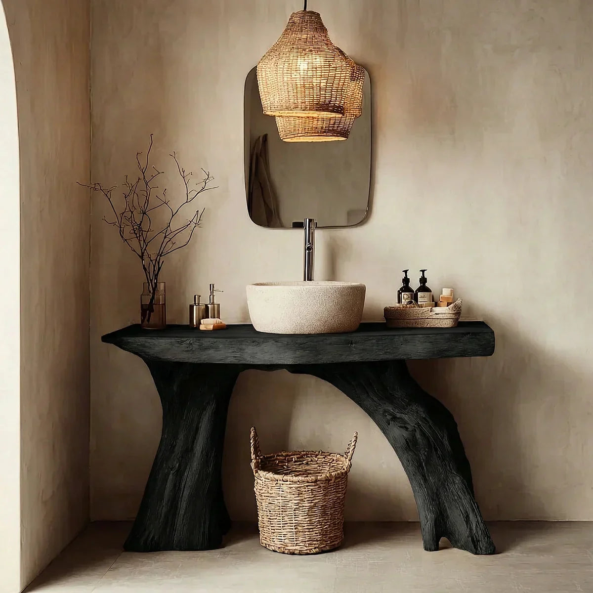 Natural Solid Wood Bathroom Vanity with Sculpted Root Base - Rustirawood