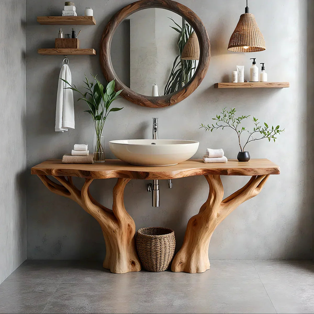 Natural Solid Wood Bathroom Vanity with Tree-Form Base - Rustirawood
