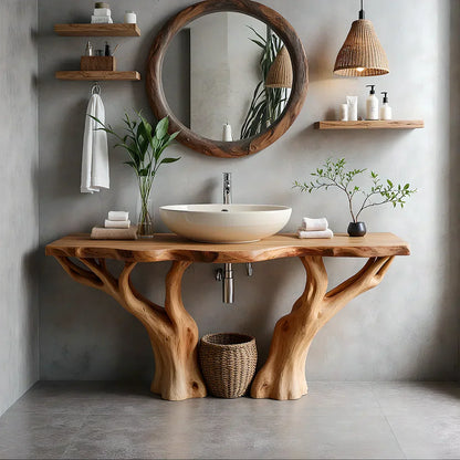 Natural Solid Wood Bathroom Vanity with Tree-Form Base - Rustirawood