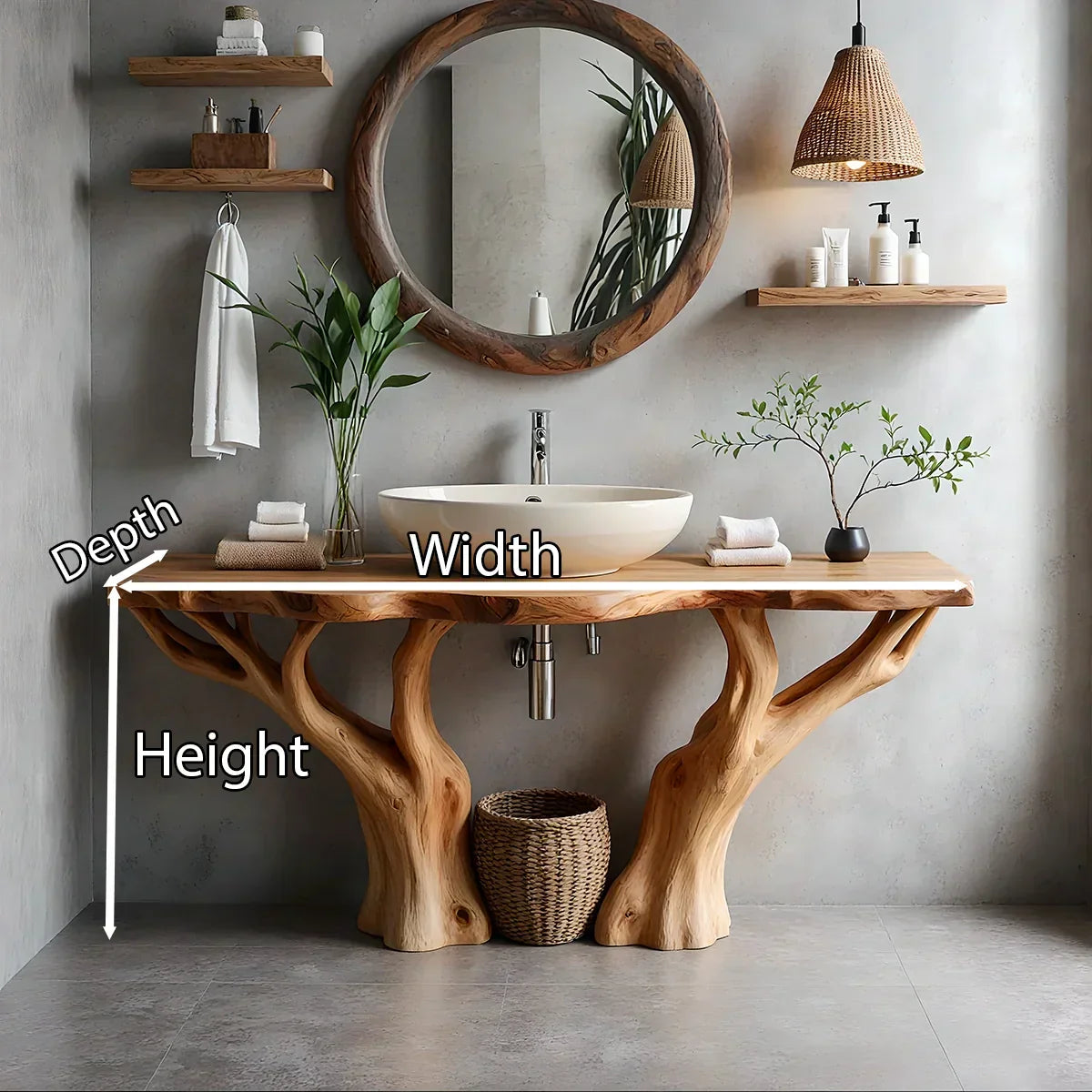 Natural Solid Wood Bathroom Vanity with Tree-Form Base - Rustirawood