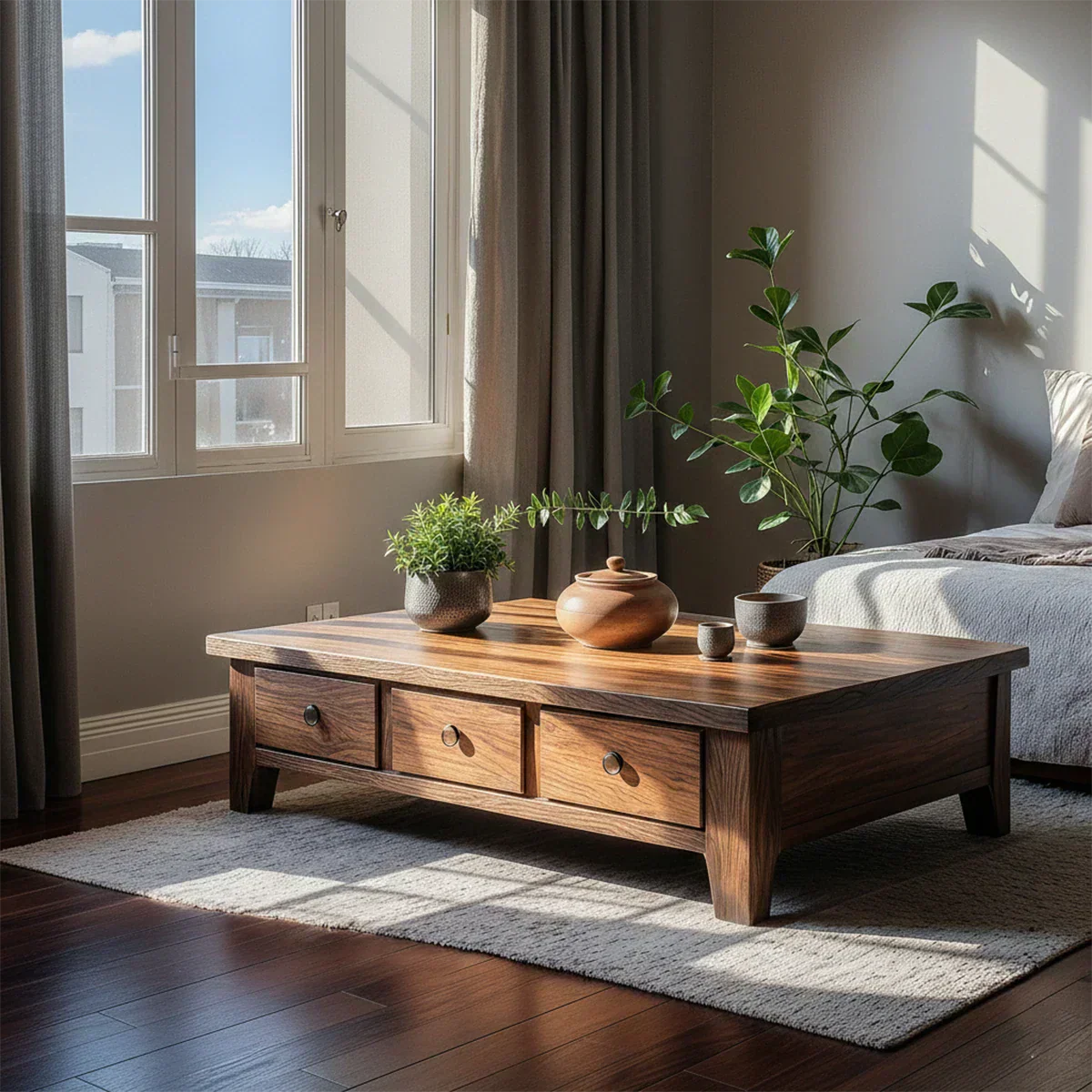 Natural Solid Wood Coffee Table with Drawers – Walnut Finish Japandi Low Storage Table - Rustirawood