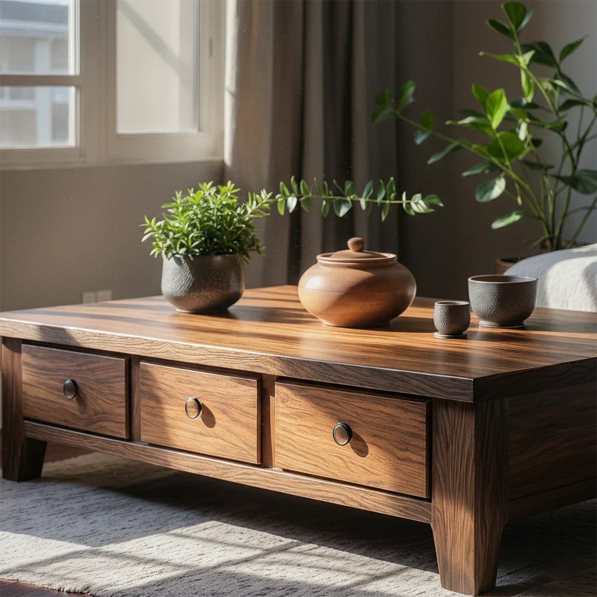 Natural Solid Wood Coffee Table with Drawers – Walnut Finish Japandi Low Storage Table - Rustirawood