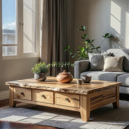 Natural Solid Wood Coffee Table with Drawers – Walnut Finish Japandi Low Storage Table - Rustirawood