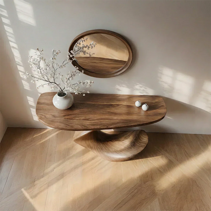 Natural Solid Wood Curved Sculptural Console in Modern Flow Design - Rustirawood