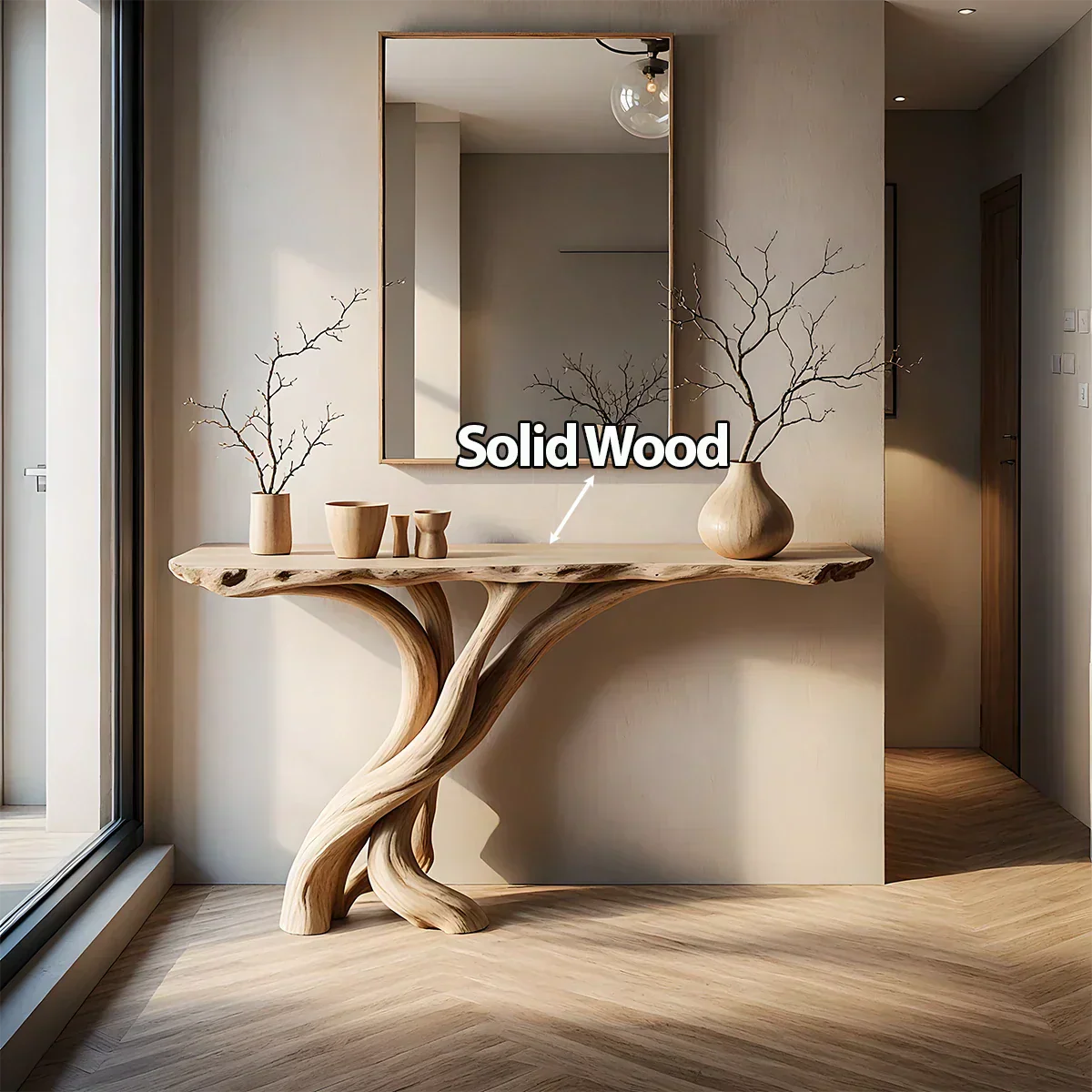 Natural Solid Wood Japandi Twisted-Root Console Table - Rustirawood