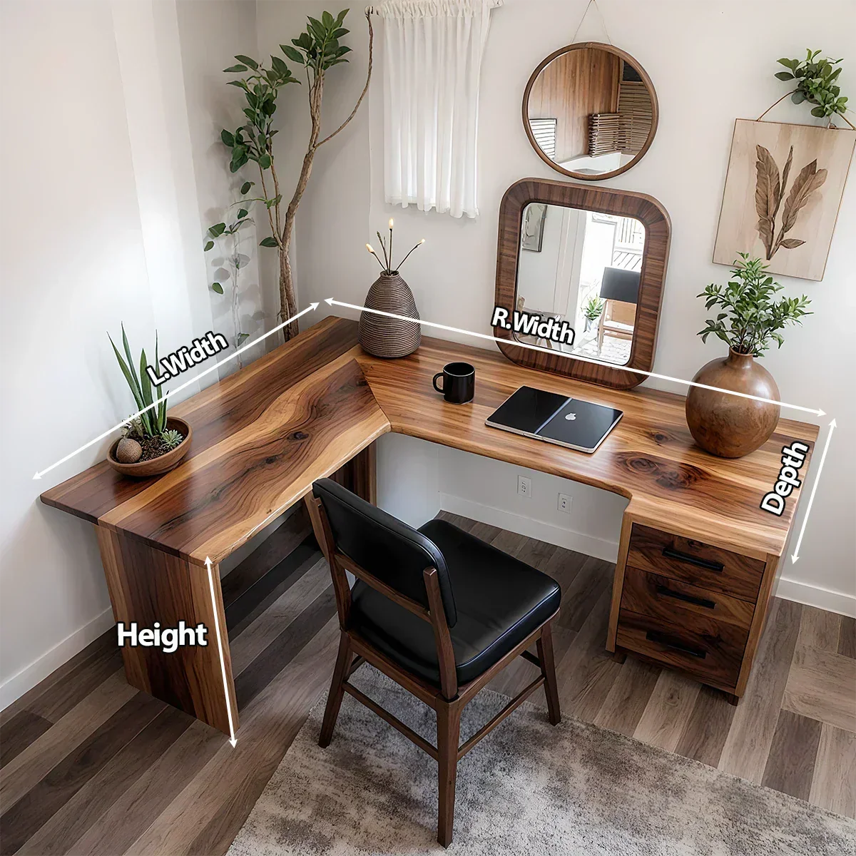 Natural Solid Wood L-Shape Desk with Drawer Cabinet - Rustirawood