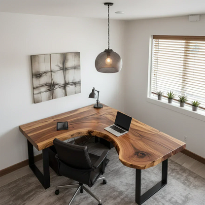 Natural Solid Wood L-Shape Live Edge Desk with Modern Steel Base - Rustirawood