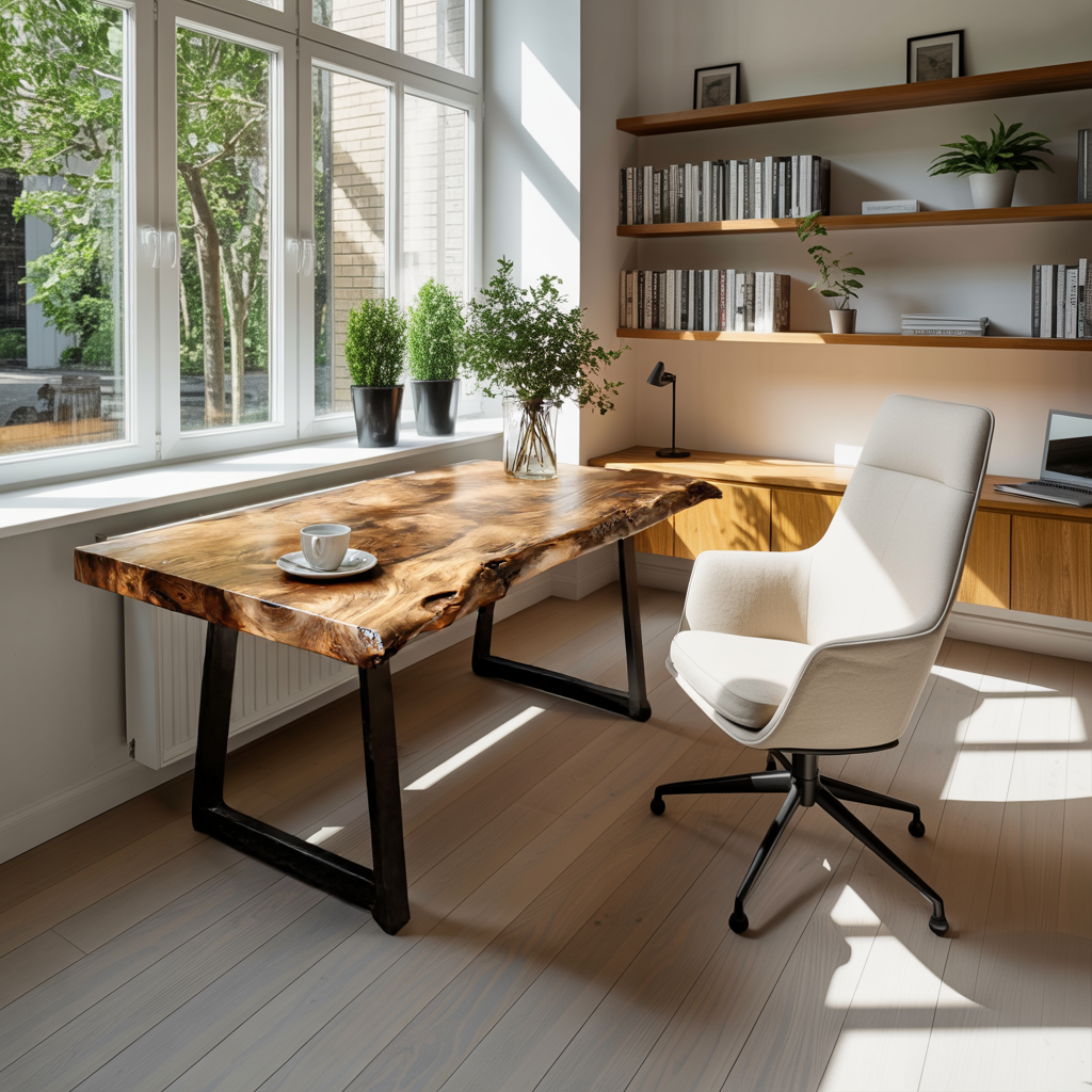 Modern Live Edge Wooden Desk With Metal Legs For Home Office Or Studio