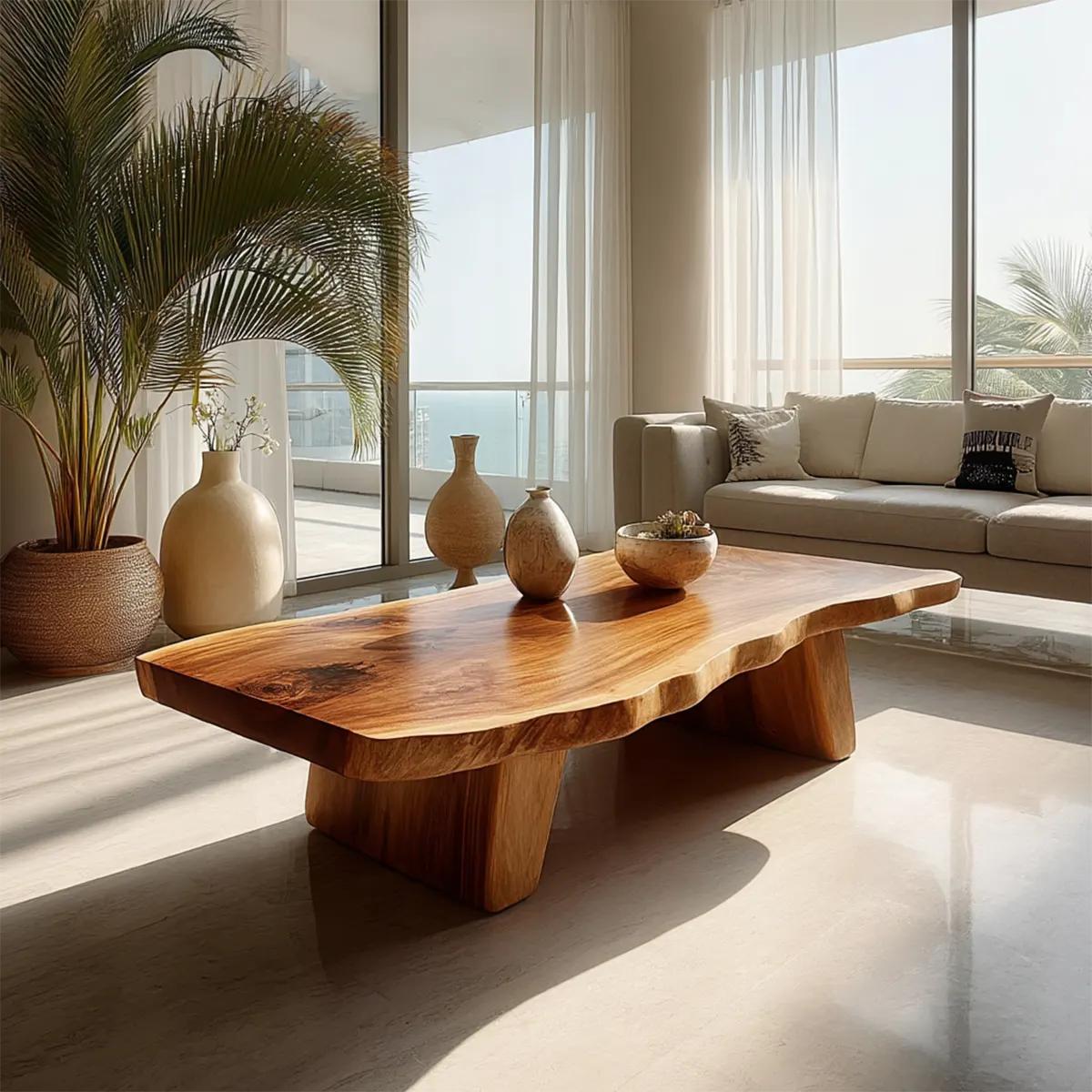 Organic Live Edge Coffee Table with Double Pedestal Base in Natural Solid Wood - Rustirawood