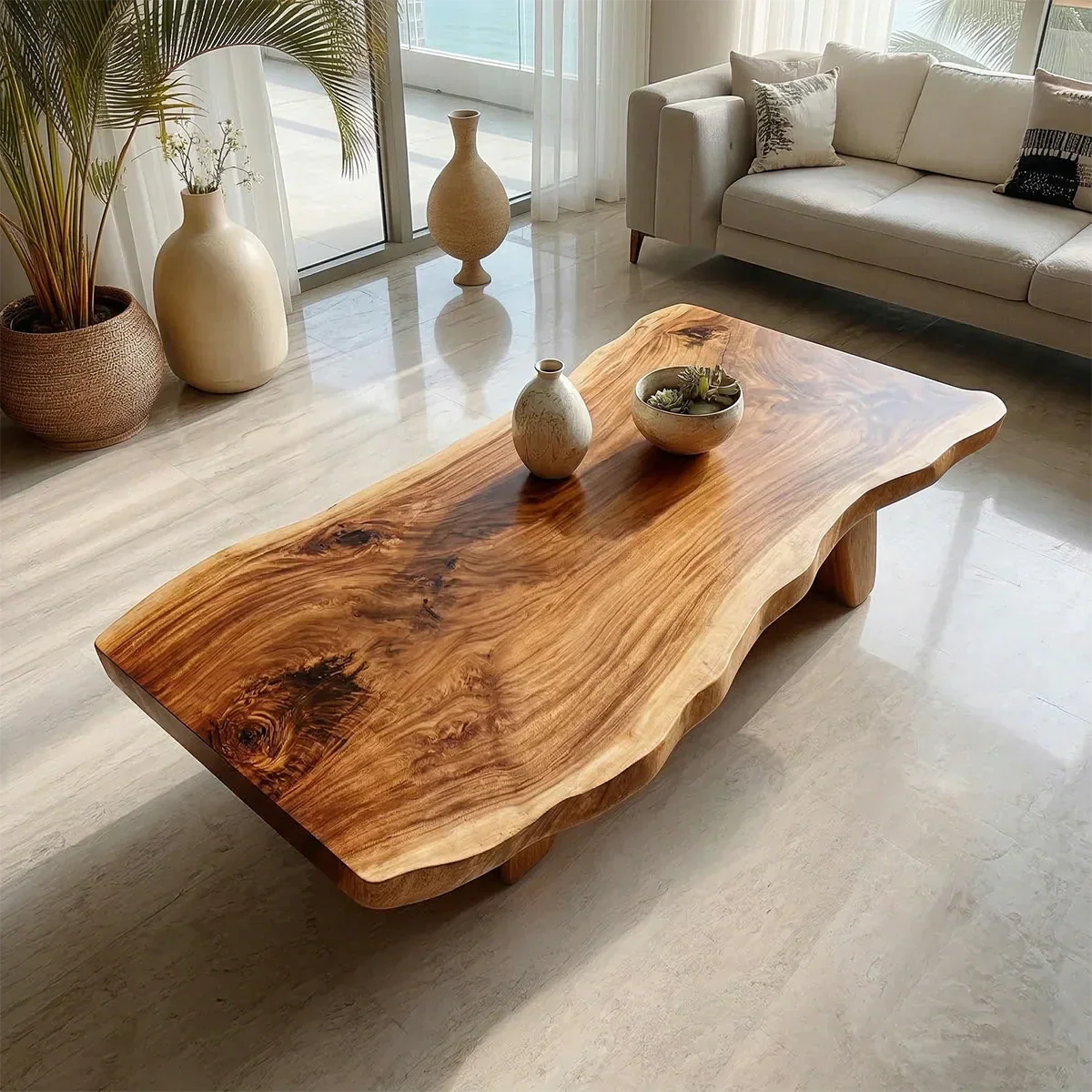 Organic Live Edge Coffee Table with Double Pedestal Base in Natural Solid Wood - Rustirawood